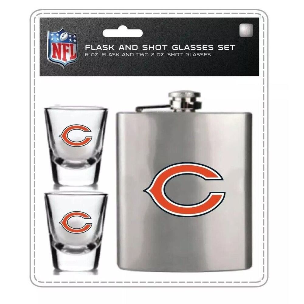 New NFL CHICAGO BEARS Flask & 2 Shot Glass Set Brushed Stainless Steel Portable